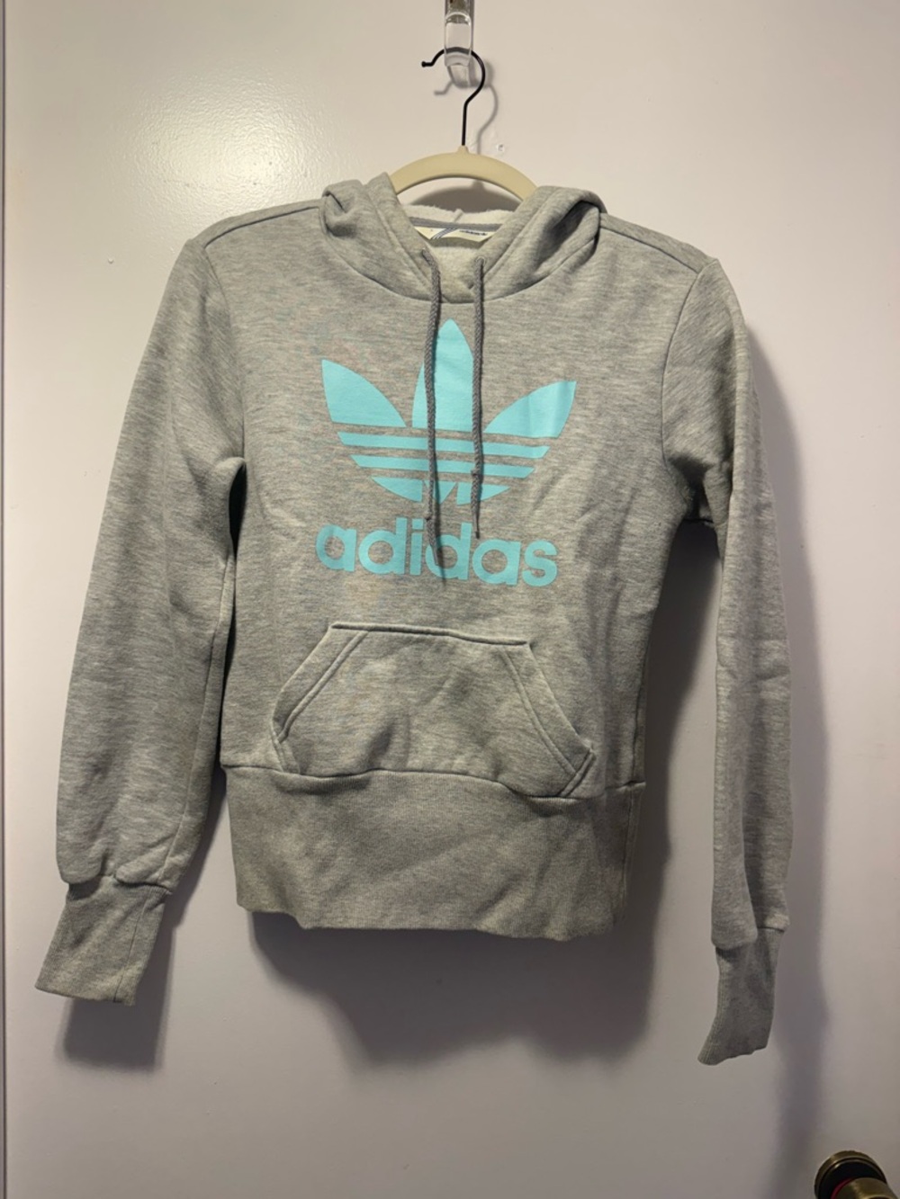 Adidas Vintage Women's Gray Hoodie with Blue Trefoil Logo